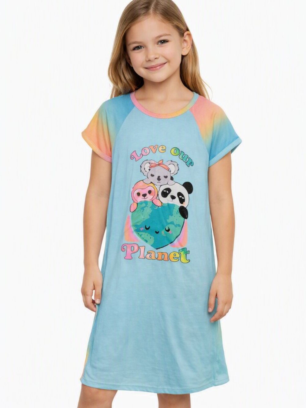 Wonder Nation Girls Love Our Planet Nightgown Short Sleeve Blue Size 6